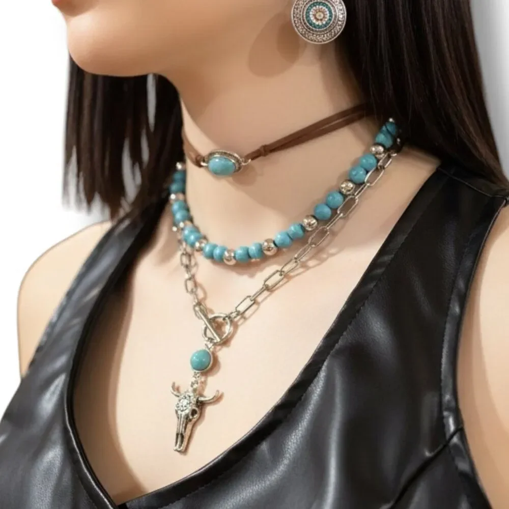 Western Turquoise Layered Necklace Set Cowgirl Cow Skull NWT